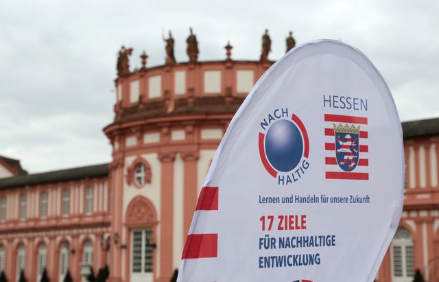 Beachflag der NHS Hessen mit Schloss Biebrich im Hintergrund