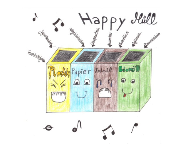 Zeichnung eines singenden Mülleimers