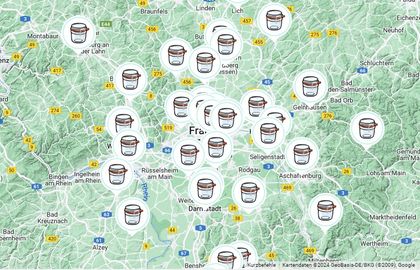 Das Bild zeigt einen Screenshot einer Google Maps-Karte, die die Unverpackt-Läden in Hessen anzeigt.