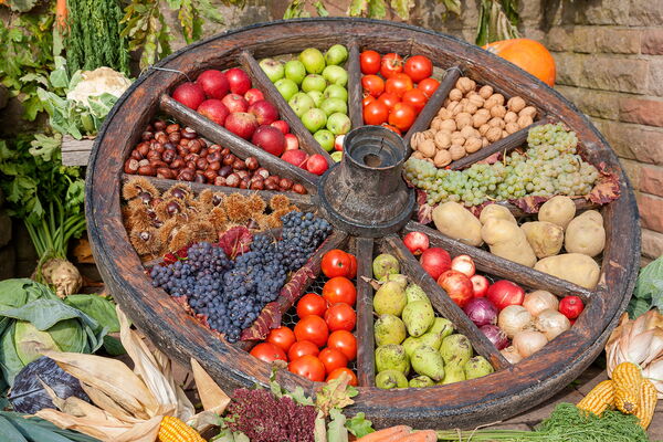 Obst und Gemüse in einem alten Rad